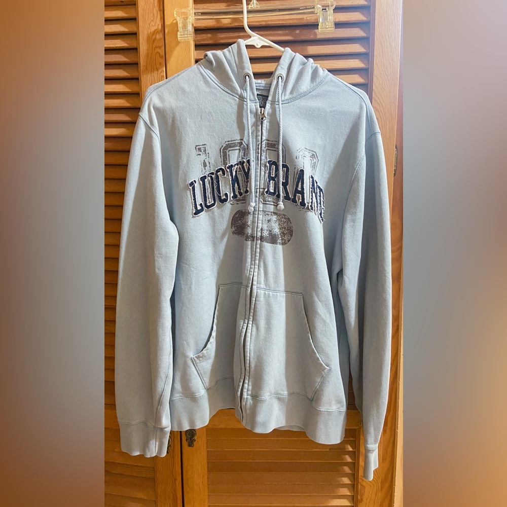 Lucky Brand Zip Up Hoodie Sweatshirt Style Jacket Distressed Logo Lettering Blue - Picture 12 of 13